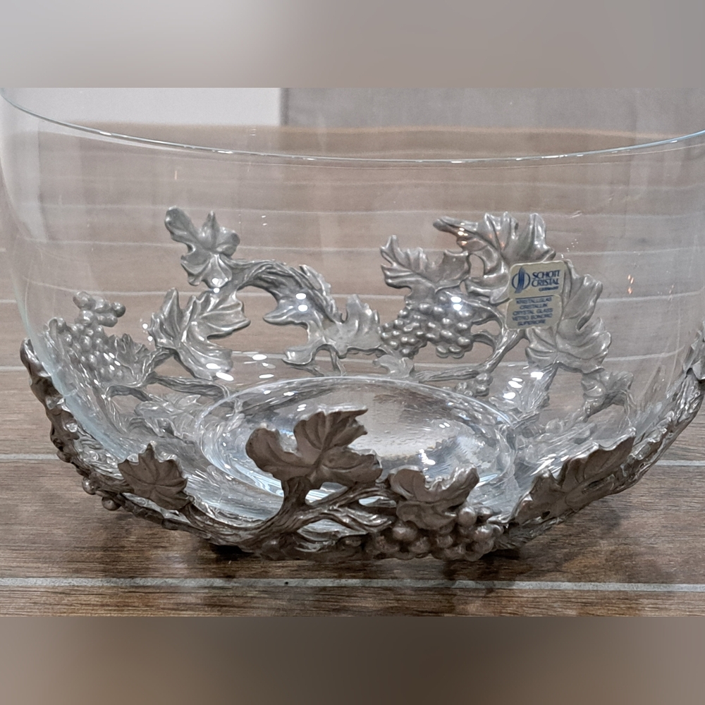Schott Vintage Clear Crystal 8.5” Bowl With Pewter Grapevine Footed Bowl Holder